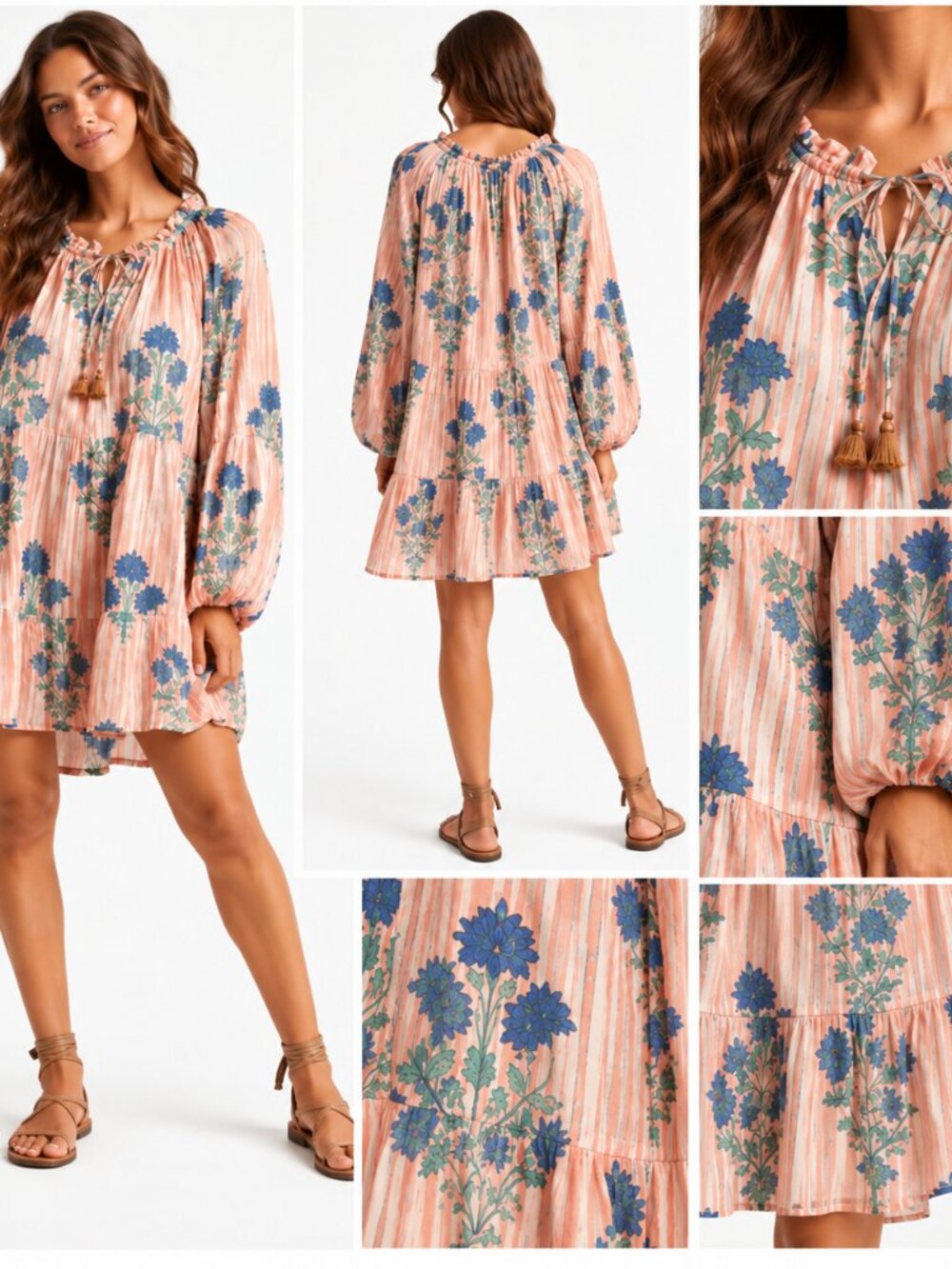 Oliphant Boho Chic Floral Stripe Tiered Mini Dress Tassel Tie Balloon Sleeve M